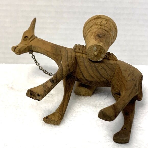 Hand Carved Wooden Mule Donkey Water Barrels Chain Rein Miniature Brown - Picture 6 of 9